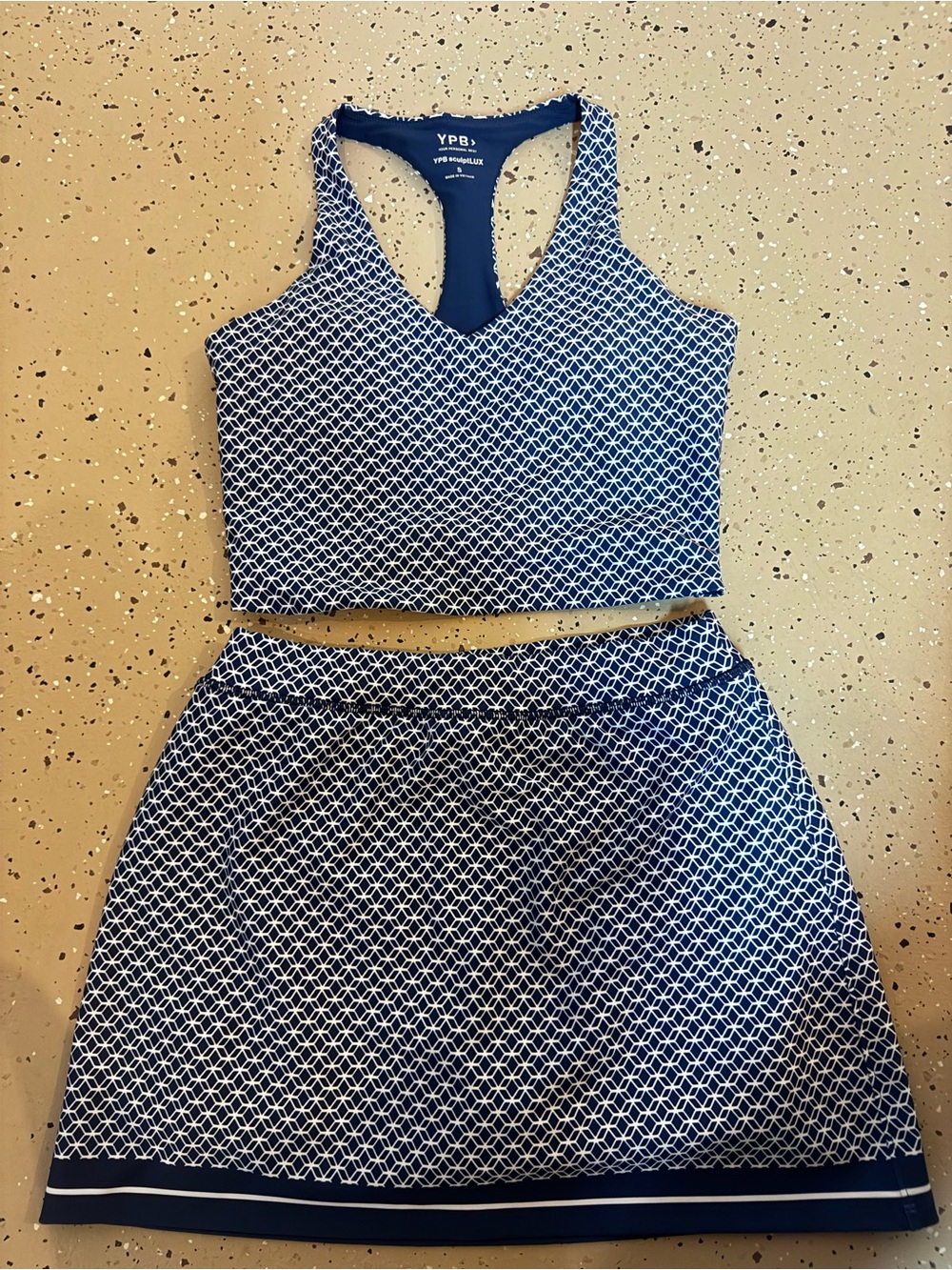 Abercrombie YPB Navy & White Geometric Skirt and Workout Top Set